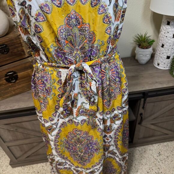 Anthropologie Akemi + Kin Paisley Medallion Metalic Maxi Dress Size L Boho - Picture 4 of 9